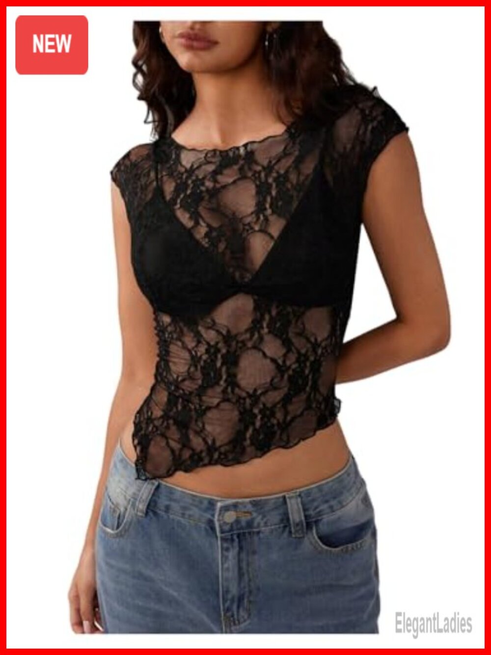 Women's Y2k Floral Lace Mesh Top Sheer Crop Top